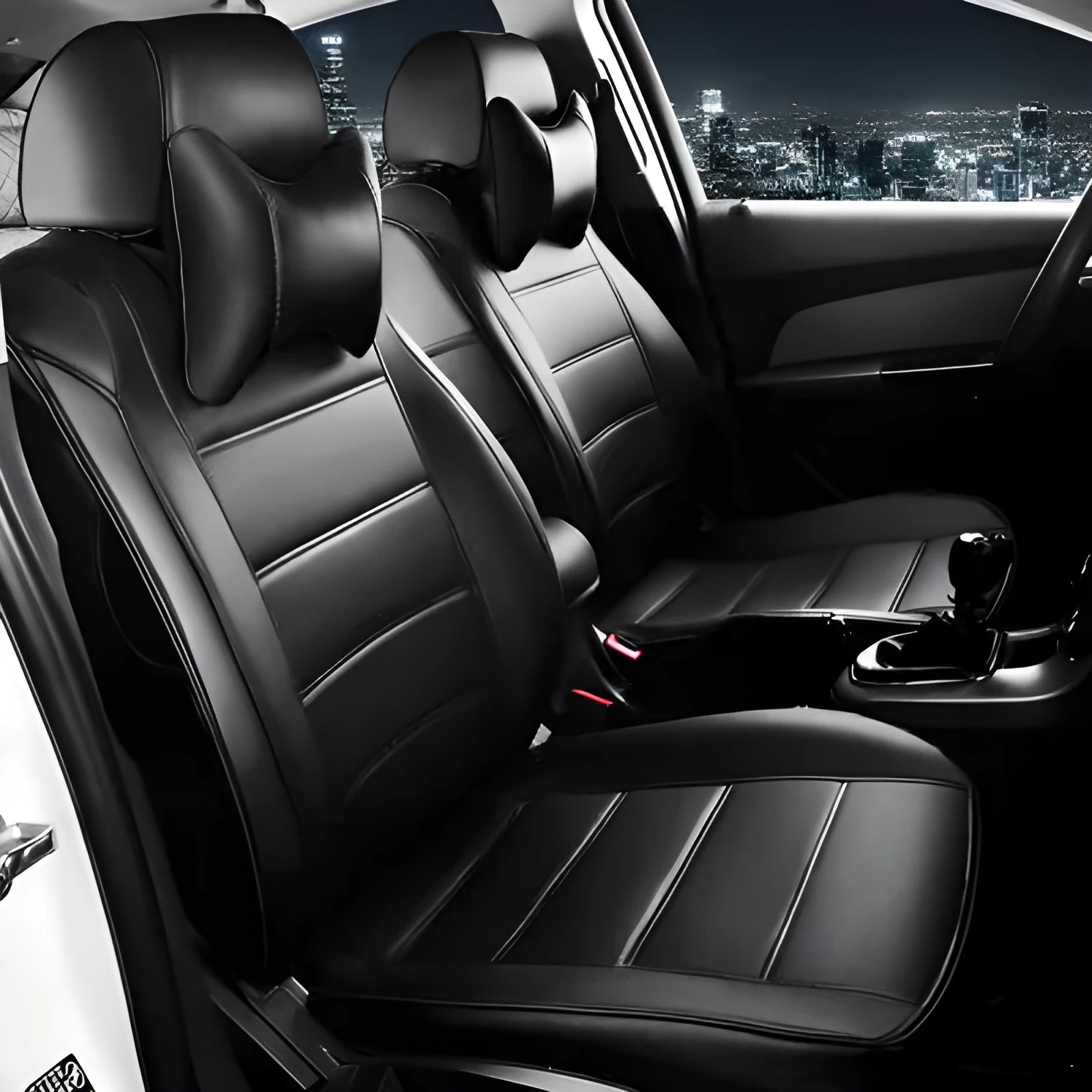 Cow leather car seat cover in beige and black with red accent colour options on a car seat.
