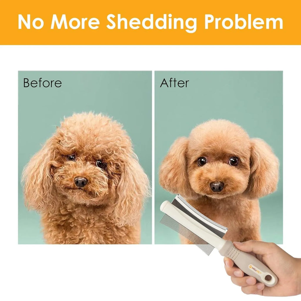White double-sided dog and cat brush showing comb and deshedding blade with ergonomic handle.