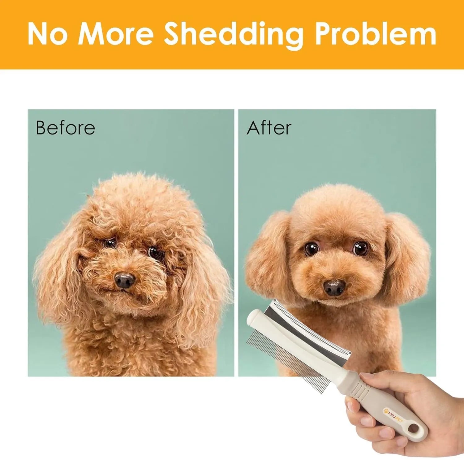 White double-sided dog and cat brush showing comb and deshedding blade with ergonomic handle.