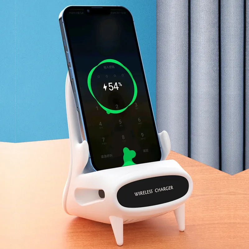 White mini chair shaped wireless charging stand holding smartphone with cable connection