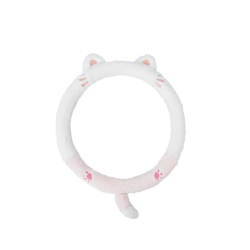 Plush cartoon animal steering wheel cover in rabbit fur fleece for winter, shown on a 38cm car steering wheel.