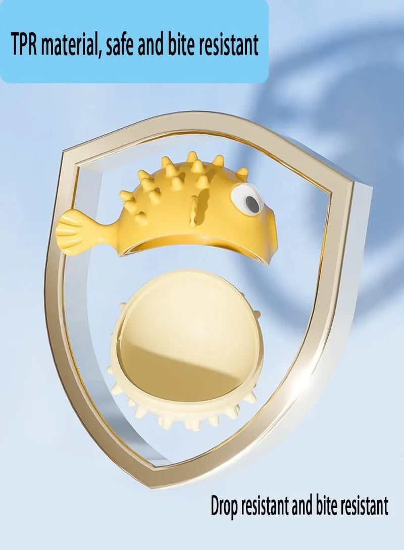 Green fish-shaped interactive dog chew toy with treat-dispensing hole and textured surface.