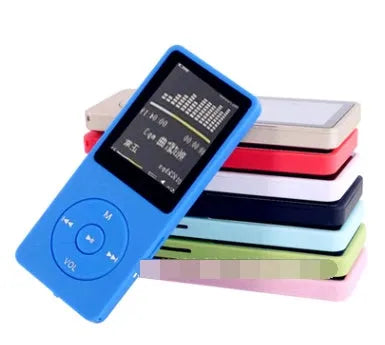 Slim black MP4 player with a 1.8 inch colour screen showing a music menu, placed next of headphones.