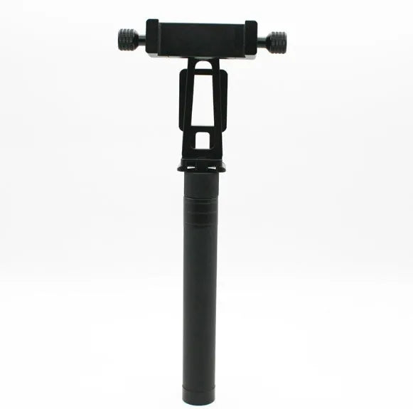 Black retractable aluminium selfie stick extended to full length with a smartphone attached in the clamp.