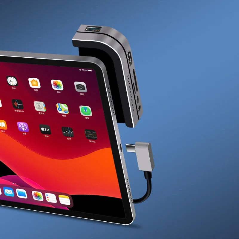 Silver aluminium grey 6-in-1 USB-C docking station for iPad Pro with multiple ports
