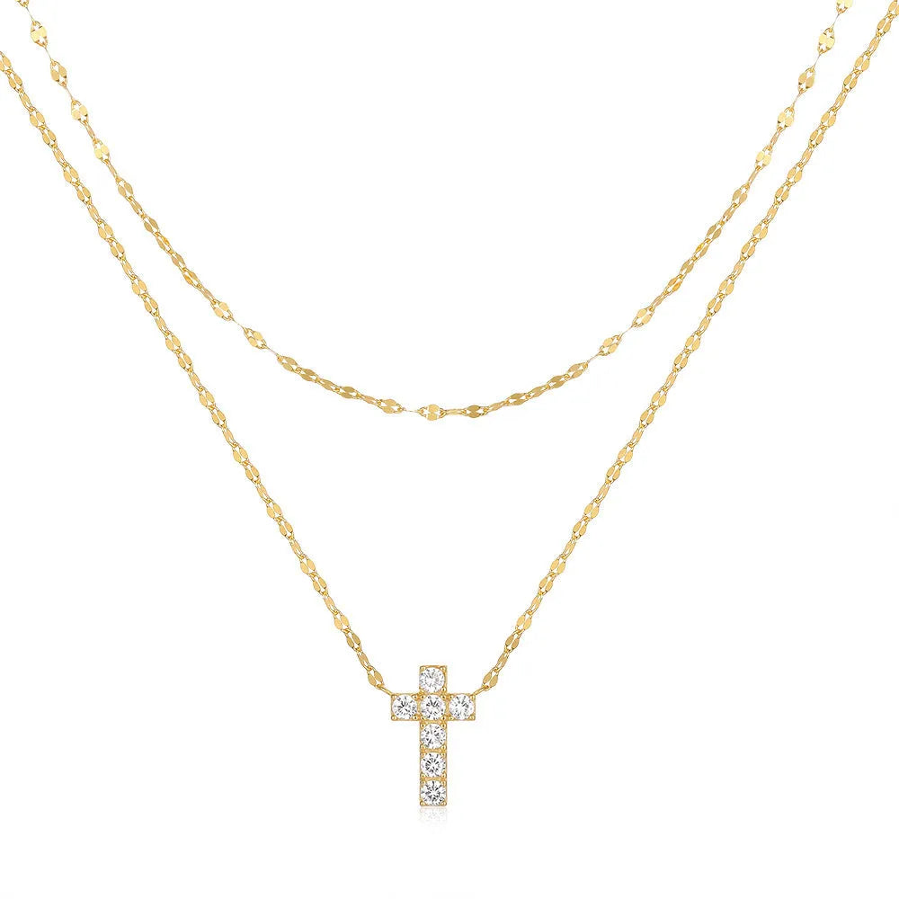 S925 sterling silver double-layer cross pendant necklace with twin diamonds on a clavicle chain.
