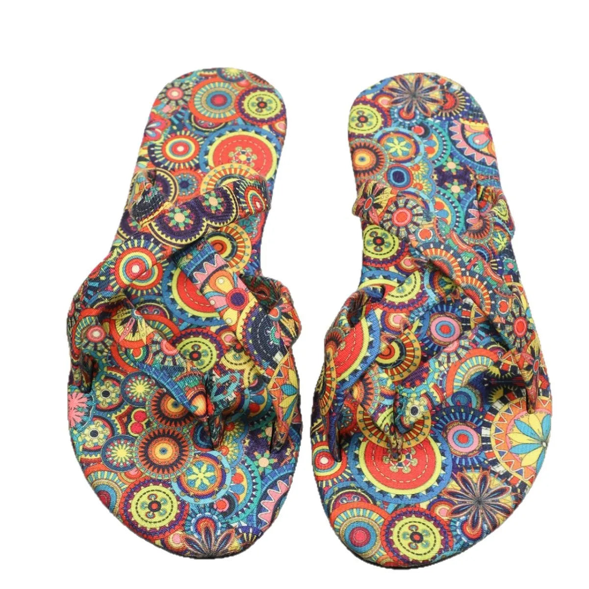 Women's flat printed slippers with ethnic-style design in multiple colours