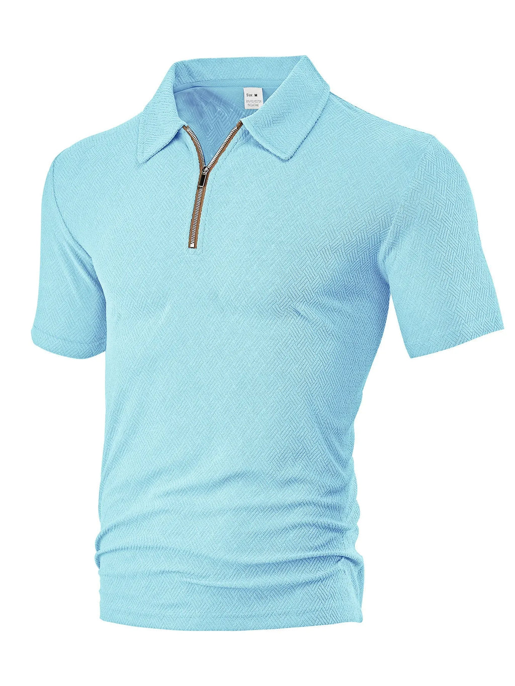 Men's loose zippered short sleeve casual shirt in white, front view with side slits