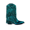 Women's black chunky heel tassel boots with high stiletto heels and a pointed toe on a white background.