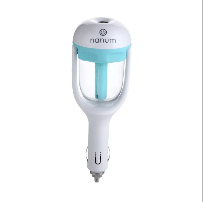 Portable car humidifier with essential oil diffuser function showing compact design for vehicle use