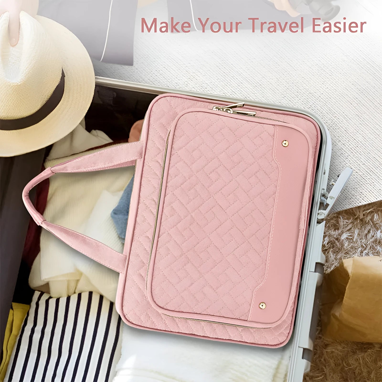 Waterproof polyester hanging cosmetic bag with internal compartments in pink colour