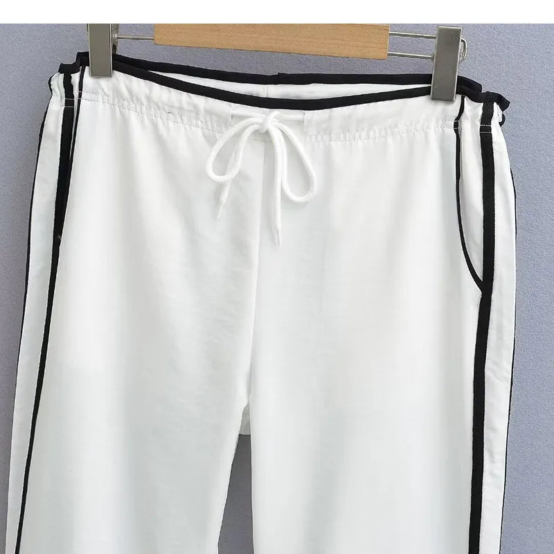 Women's ribbon parallel bars contrast colour loose straight draping trousers in white or navy blue