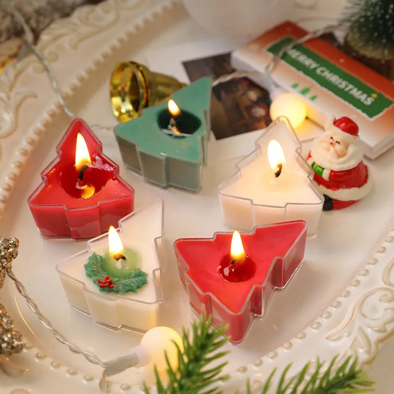 Hand-poured Christmas tea wax candle in cup shape with soy wax blend, available in tree, bell, moon, and leaf designs.