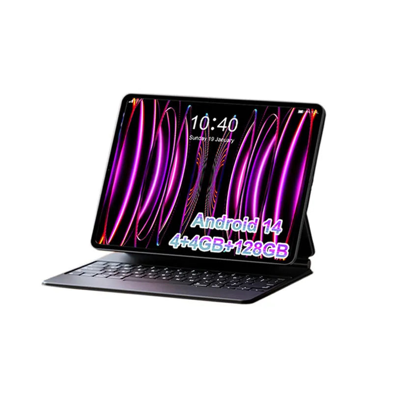 10-inch bare metal blue tablet PC with a black leather keyboard case attached, shown on a desk.