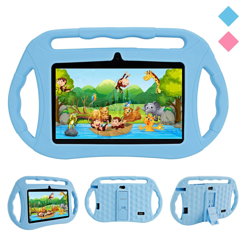 7-inch children's tablet PC in blue with three handles, showing Android 10 home screen