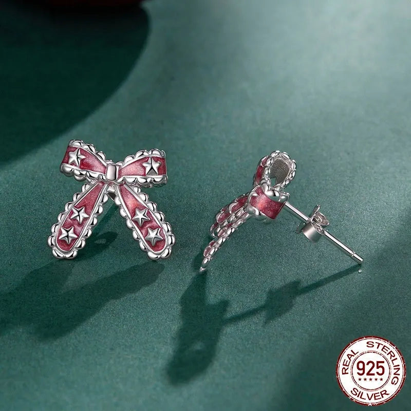 Christmas bowknot 925 sterling silver stud earrings with dripping oil finish in colour BSE1256