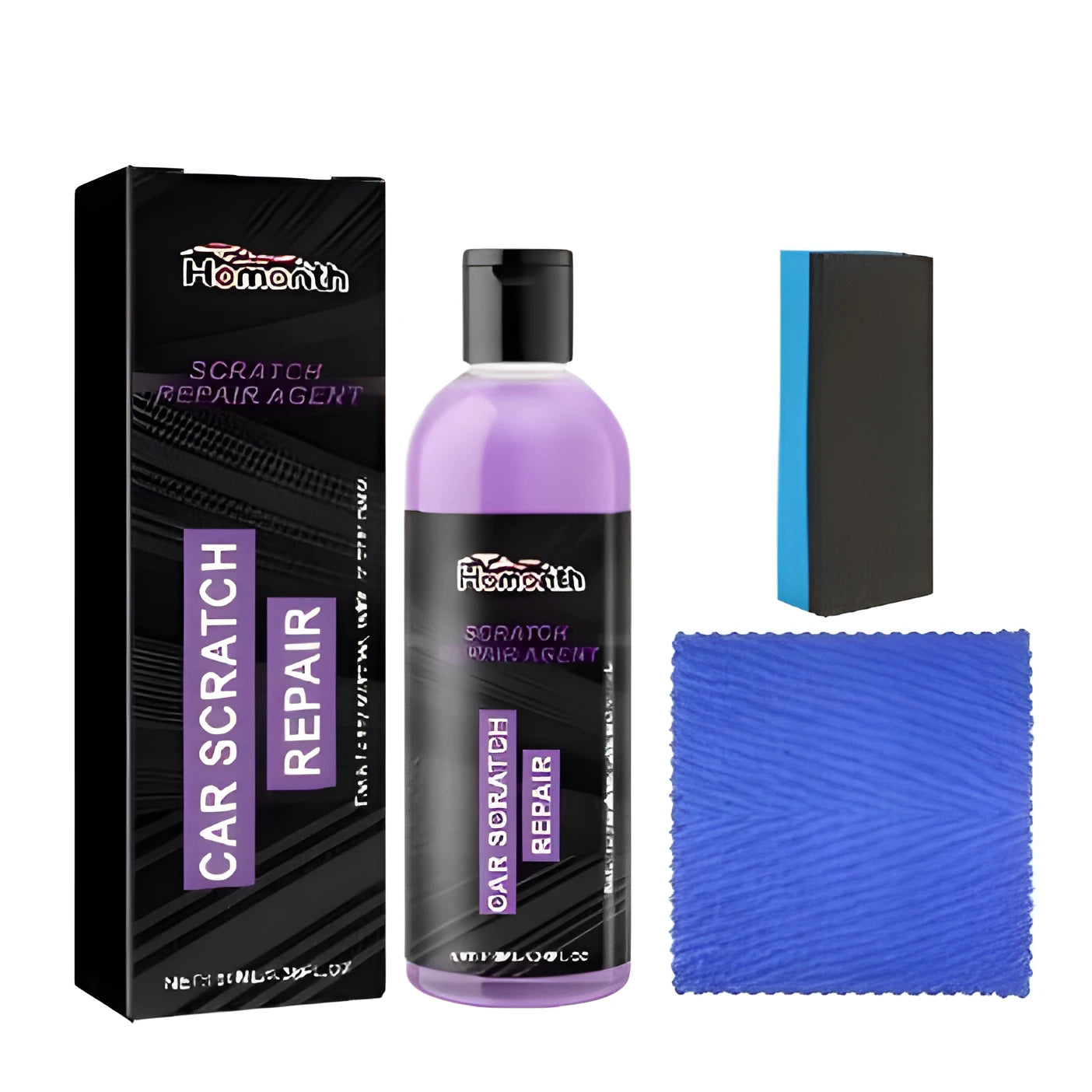 Scratch repair kit showing 100ml bottle, application sponge and microfiber cloth