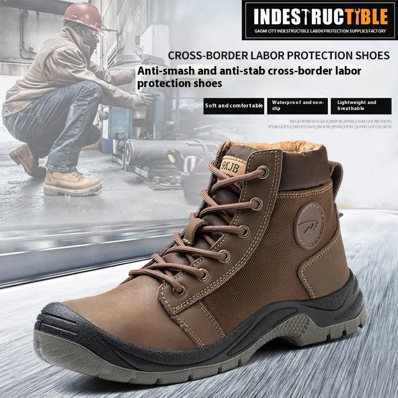 Leather upper anti-smashing safety shoe with rubber sole in orange colour on a work site background.