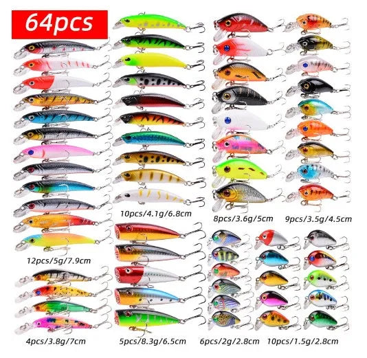 43-piece portable fishing gear set with plastic bait lures in green, blue black, and silver colours including 20cm baits