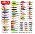 43-piece portable fishing gear set with plastic bait lures in green, blue black, and silver colours including 20cm baits