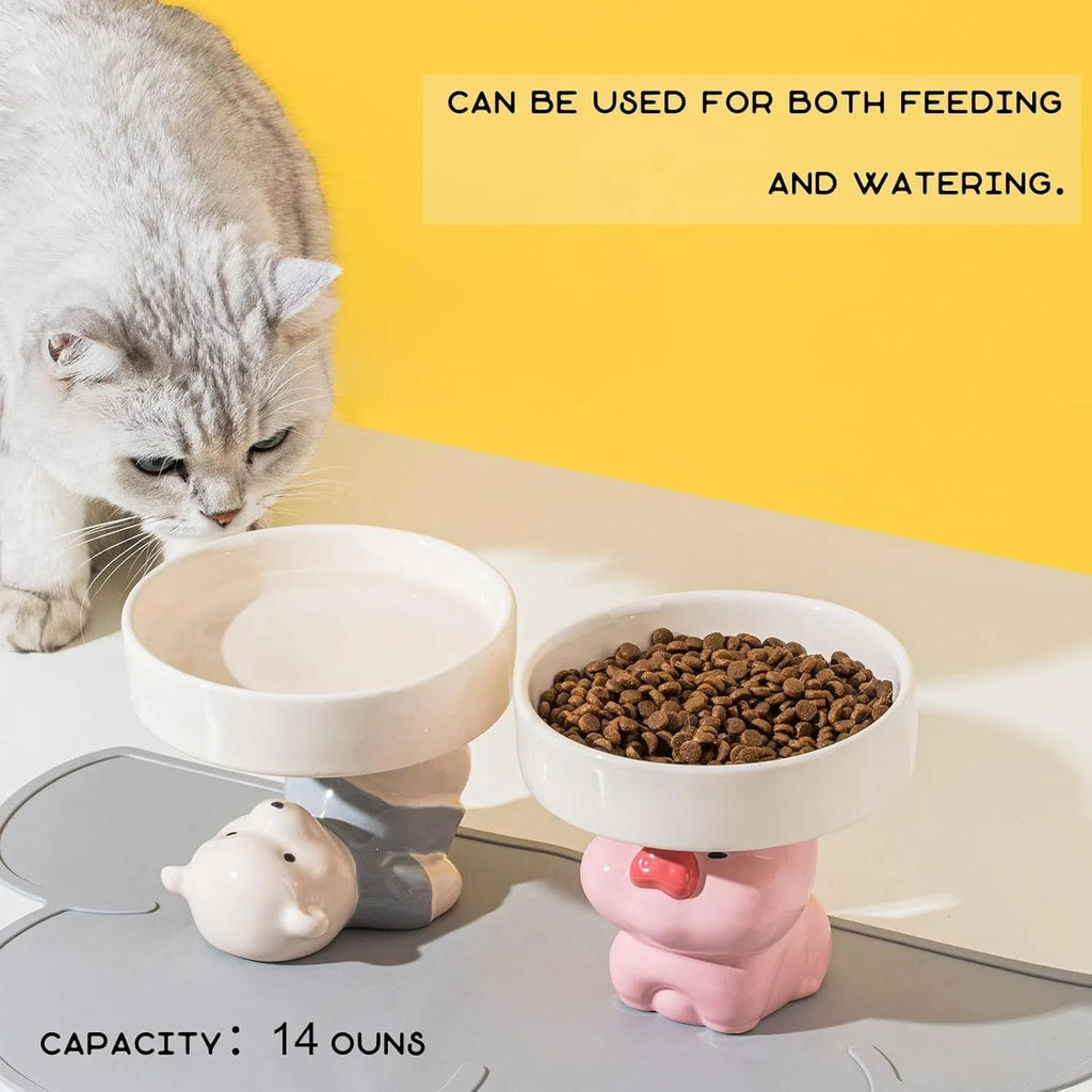 Raised ceramic cat bowl with animal design on 12.5cm elevated base