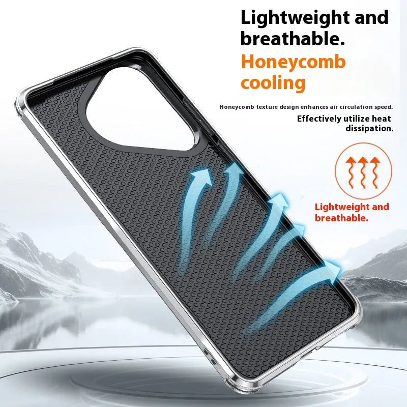 Black leather phone case for Huawei Pura with a folded-out metal stand bracket.