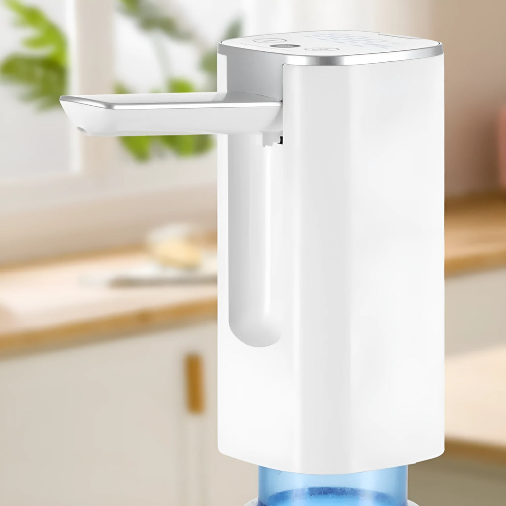 Black and white portable bucket table water pump with LCD touch screen in folded position.