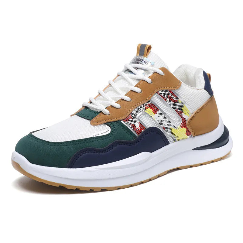 Men's white green and grey mesh casual shoes with a leather toe holder and plastic sole.
