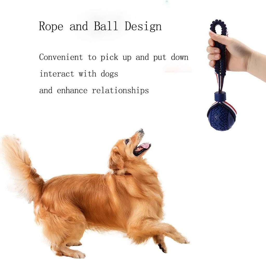 Red rubber dog ball with rope attachment showing textured surface and 29cm total length
