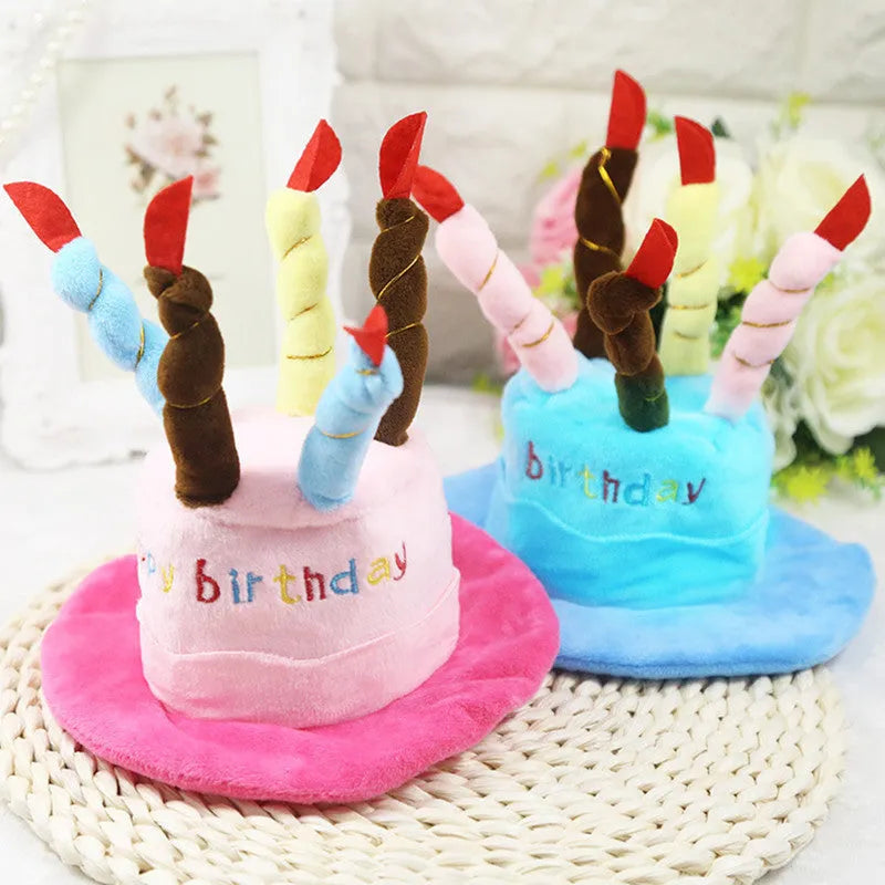 Blue or pink polyester dog birthday hat accessory measuring 21cm by 15cm by 6.5cm