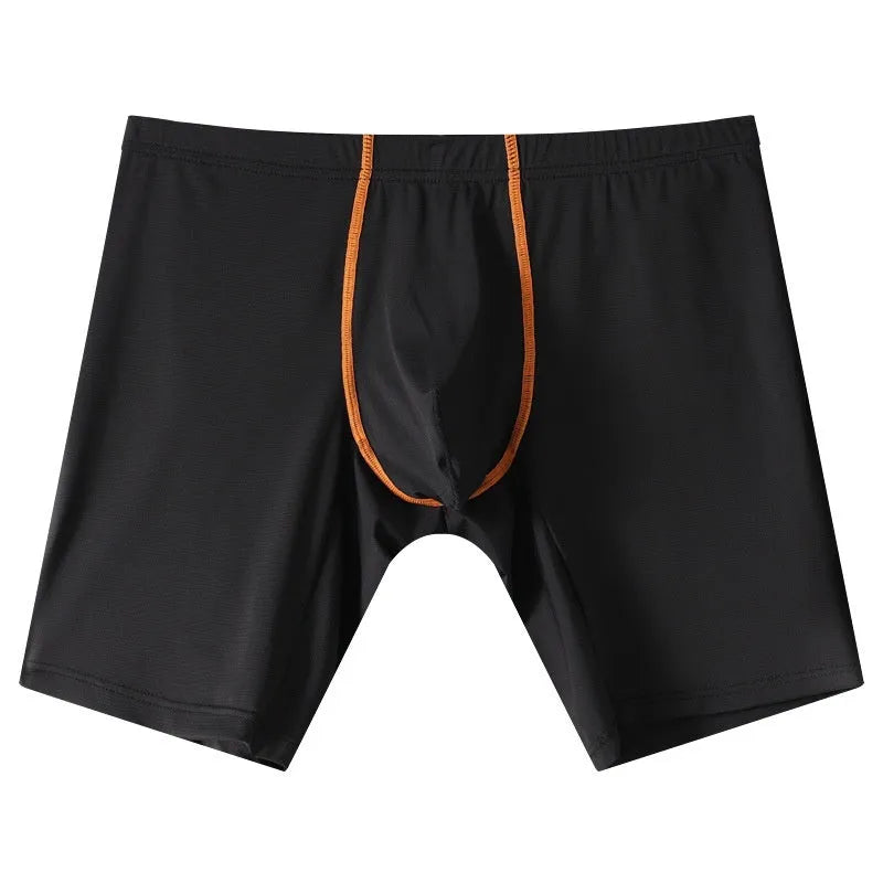 Men's ice silk boxers in multiple colours showing mid-waist fit and U-convex pouch design.