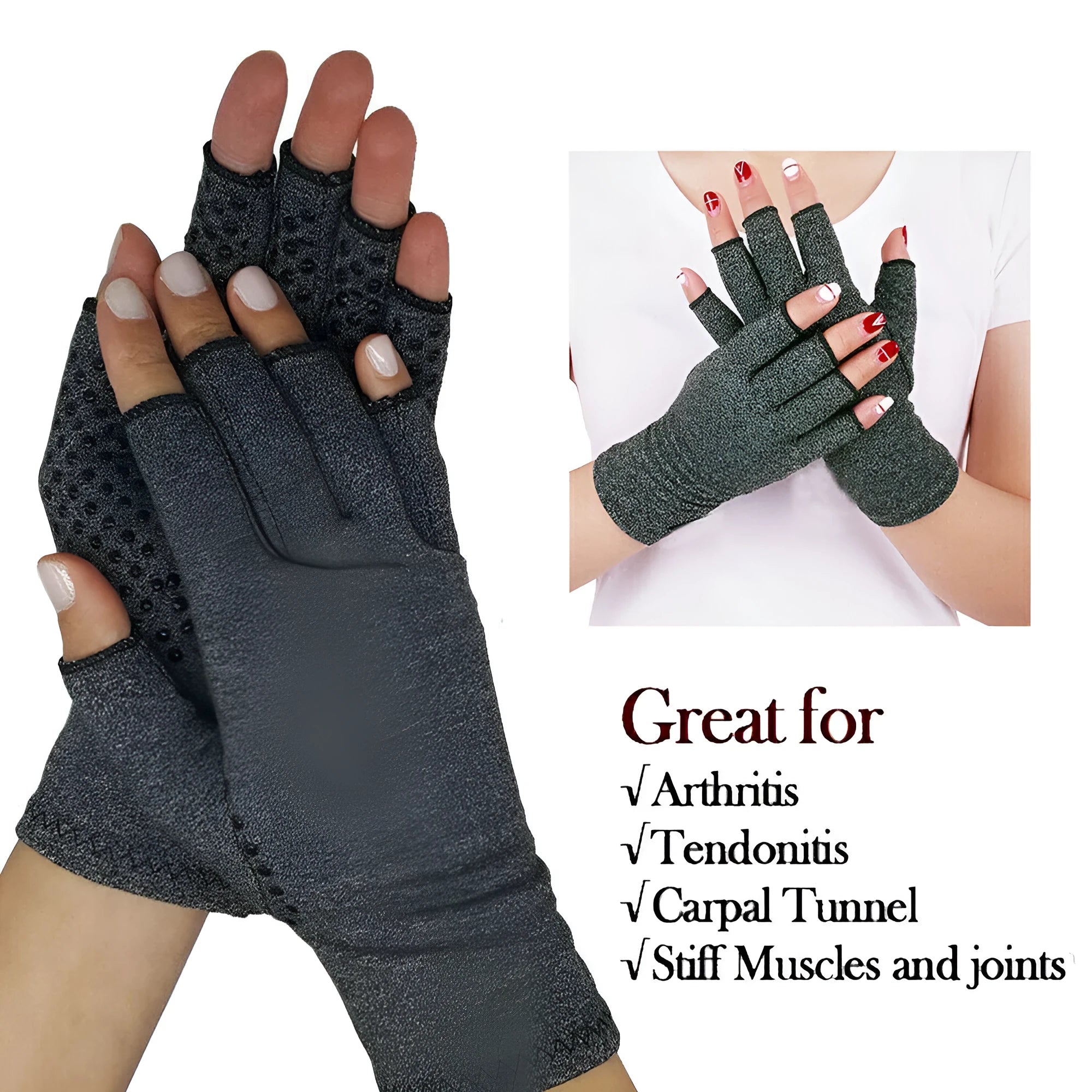 Grey half-finger joint compression gloves made from Trueran spandex fabric on a hand.