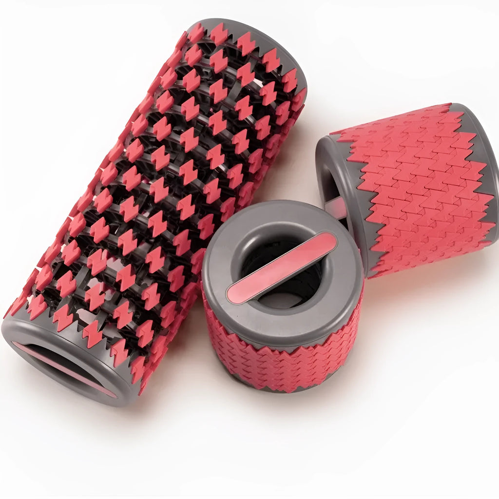 Adjustable telescopic foam roller in red colour showing extended and compacted positions