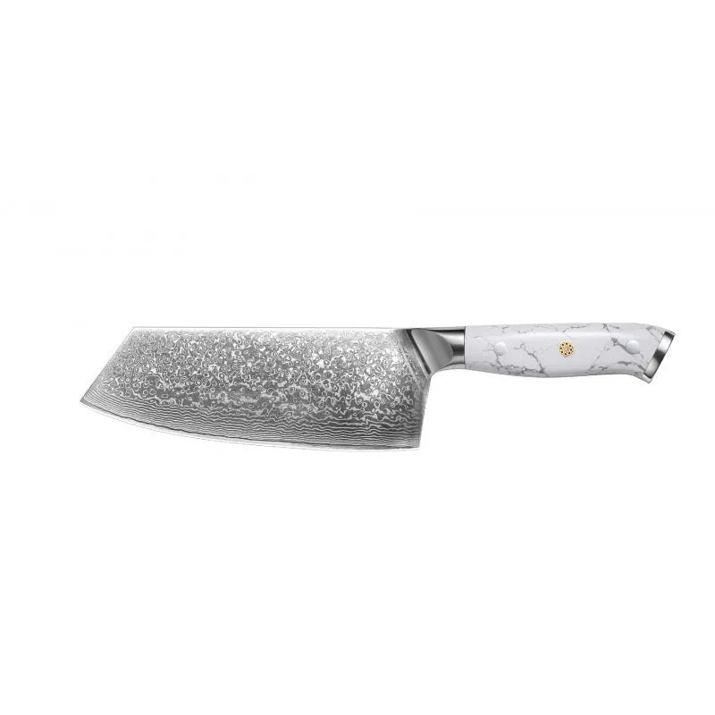 Damascus pattern chef's knife with 32cm total length on kitchen counter