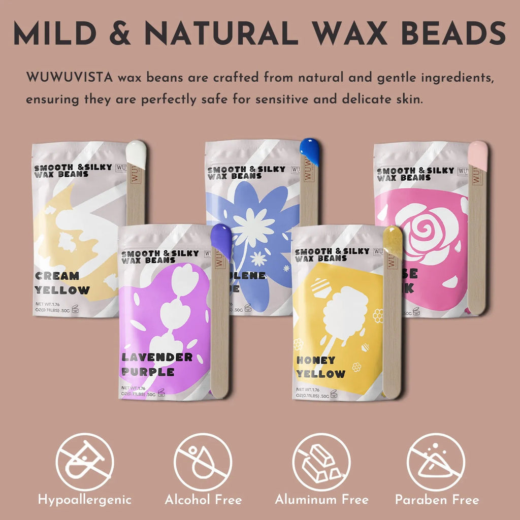 Professional waxing kit with black wax warmer, pots of hard wax beans, applicator sticks, post-care lotion, and ice masks.