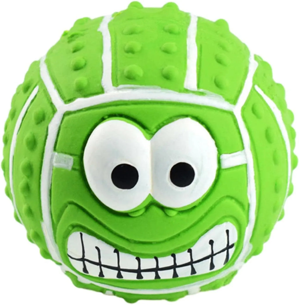 Green, orange, and yellow smile face latex squeaky dog ball toy.