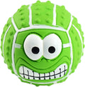 Green, orange, and yellow smile face latex squeaky dog ball toy.