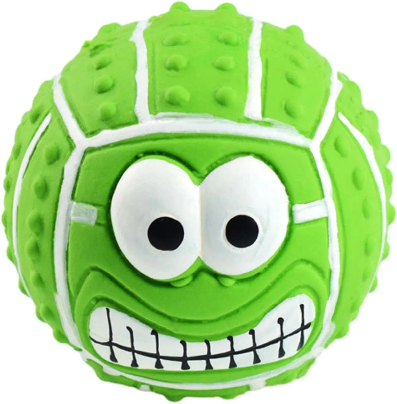 Green, orange, and yellow smile face latex squeaky dog ball toy.