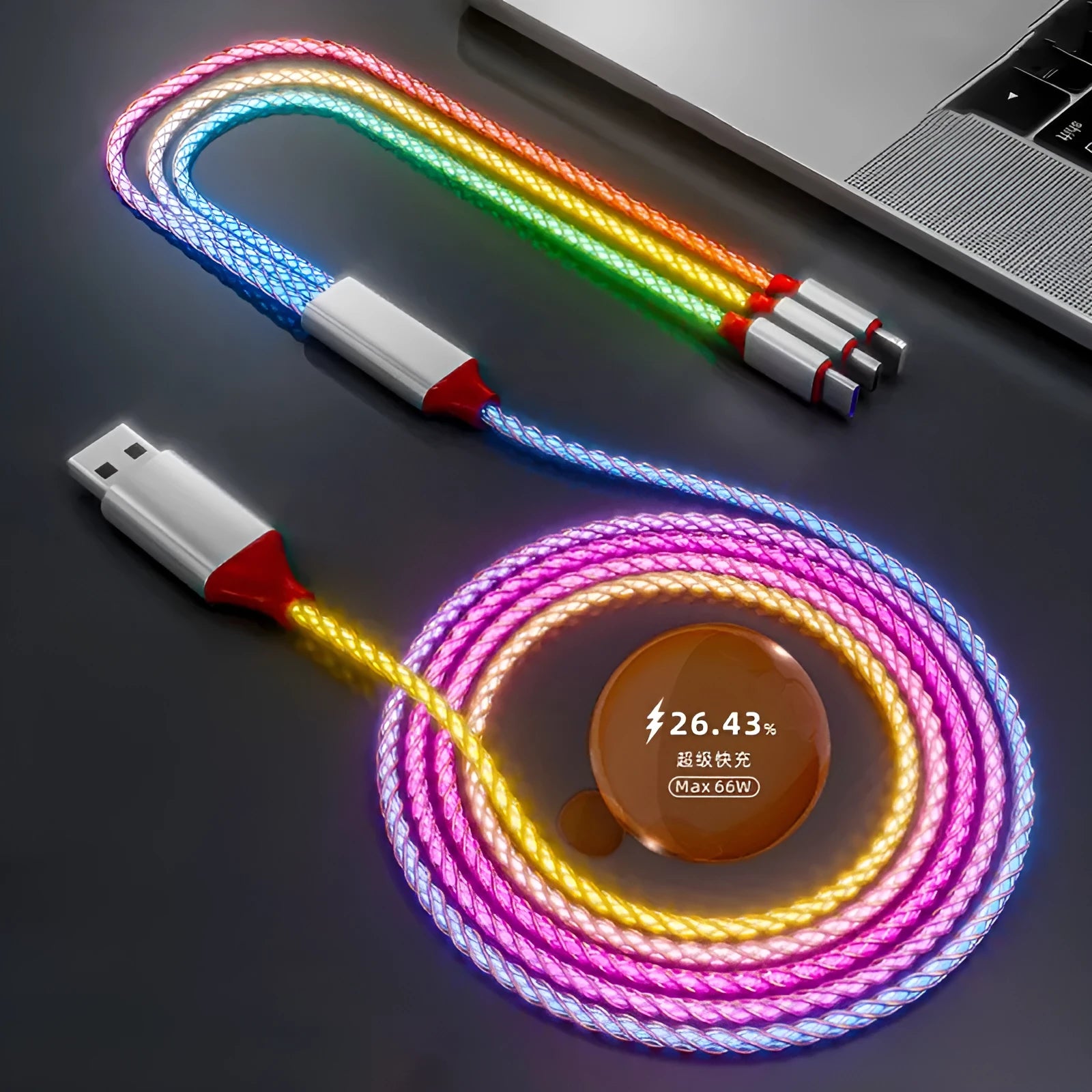 Phantom gradient colour USB cable with Lightning, Micro USB, and TYPE-C connectors on a 1.2m cable.