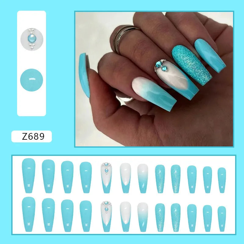 Long ballet false nail extensions in solid Z689 smart blue diamond colour with included glue