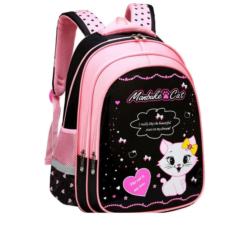 Kids school backpack with cute cat print in nylon, waterproof and load-reducing design, available in large or small sizes