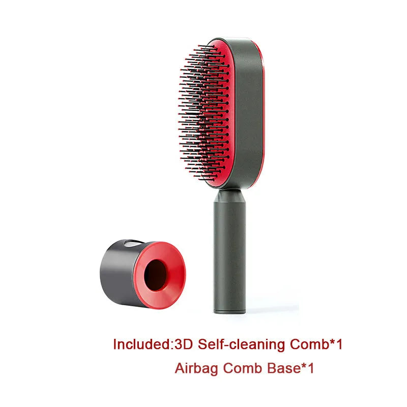 Self-cleaning air cushion hair brush in white, black gold, or black purple with ergonomic handle