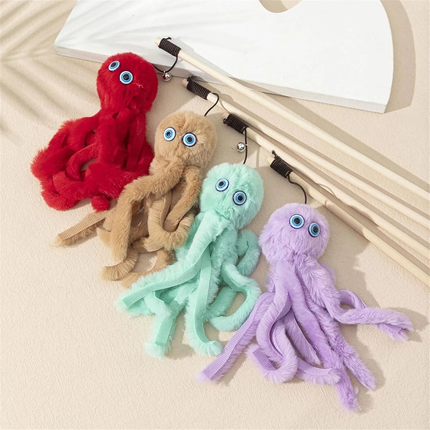 Octopus cat toy with long stick in multiple colours for indoor play