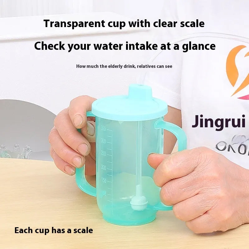 A white PP plastic choke proof drinking cup with a lid and handle for elderly and pregnant adult bed care.