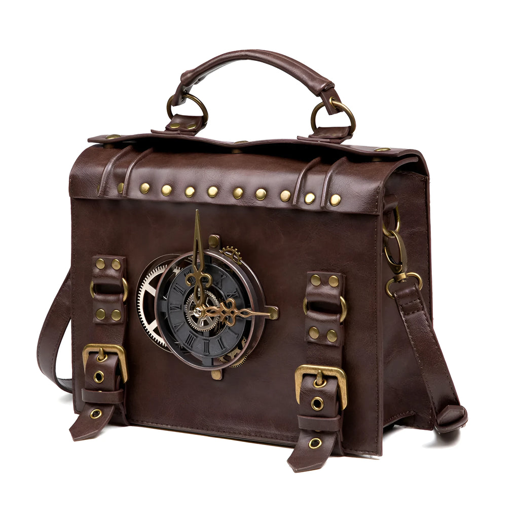 Bronze steampunk style PU leather shoulder bag with metal hardware on a horizontal square pillow bag shape.