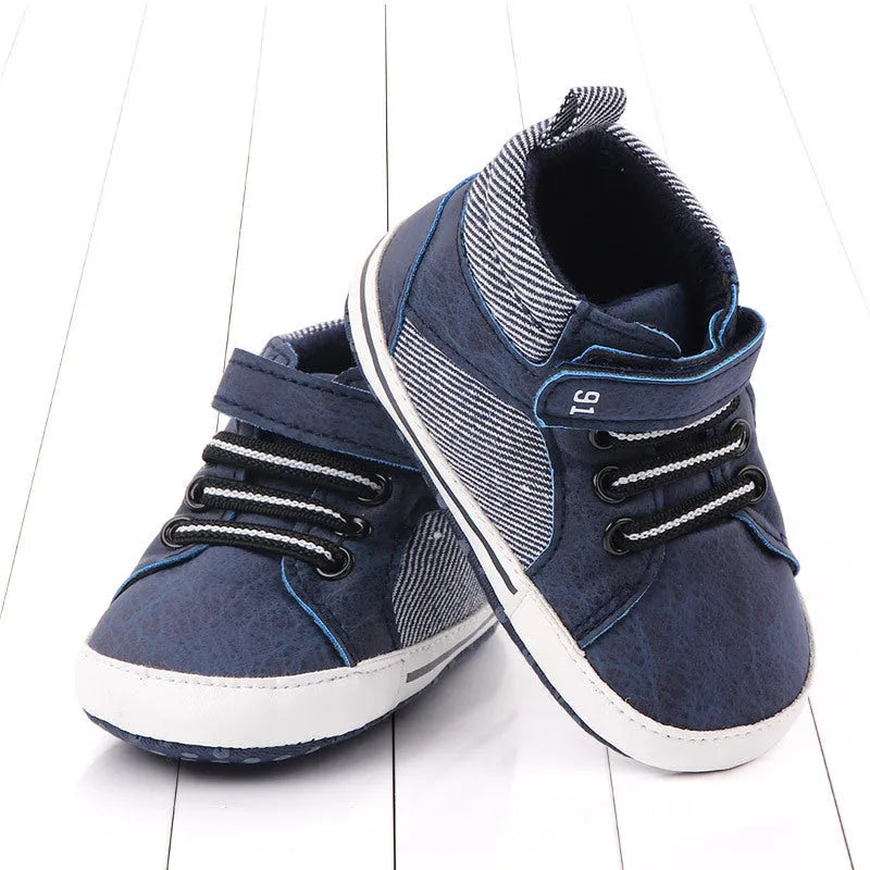 Blue cotton high-top toddler shoes with Velcro straps for boys