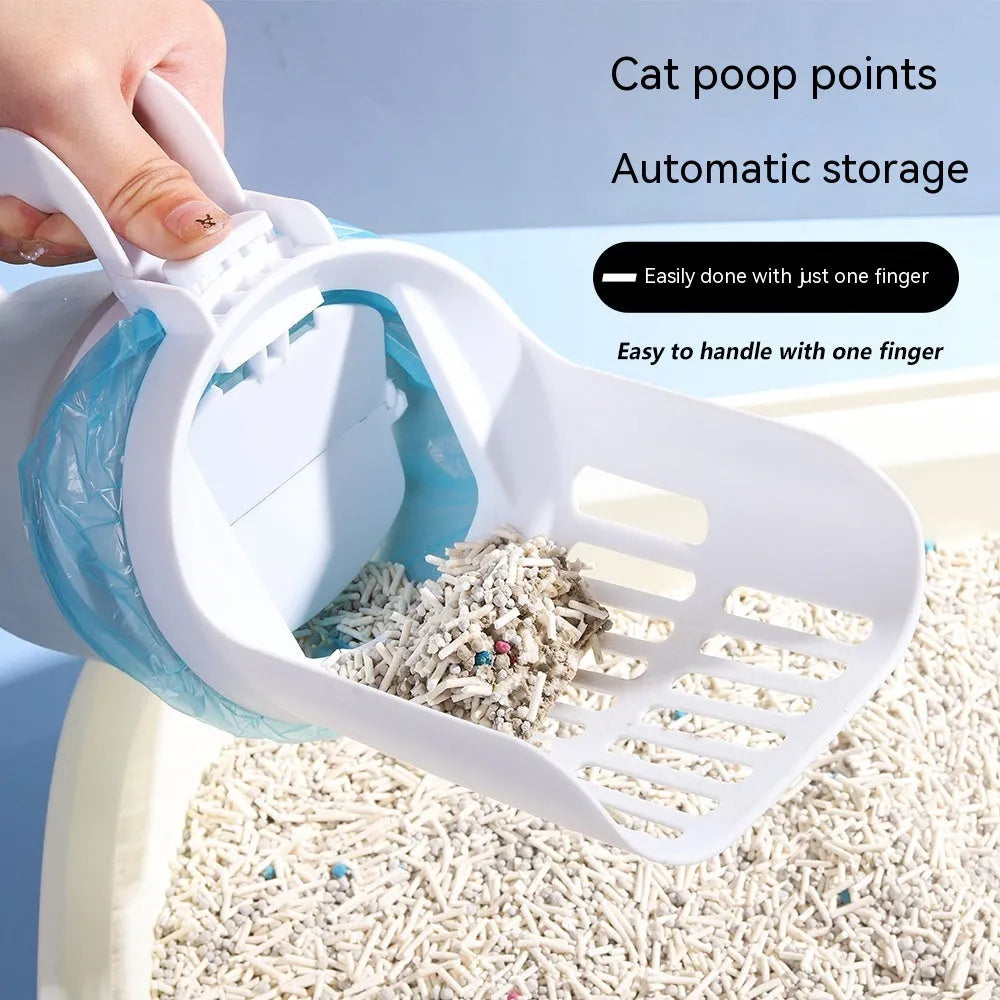 Grey foldable cat litter scoop with integrated waste canister and refill bags