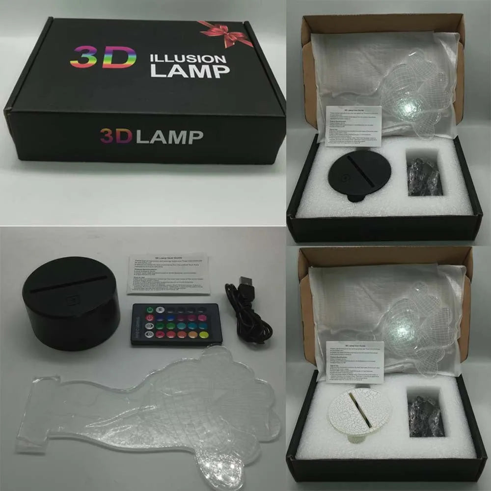 3D rose-shaped LED night light on a black base showing multiple colour options
