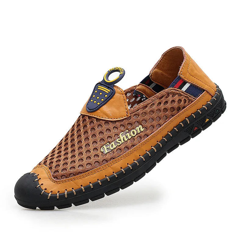 Men's brown casual mesh shoes with round toe and rubber sole on a white background.