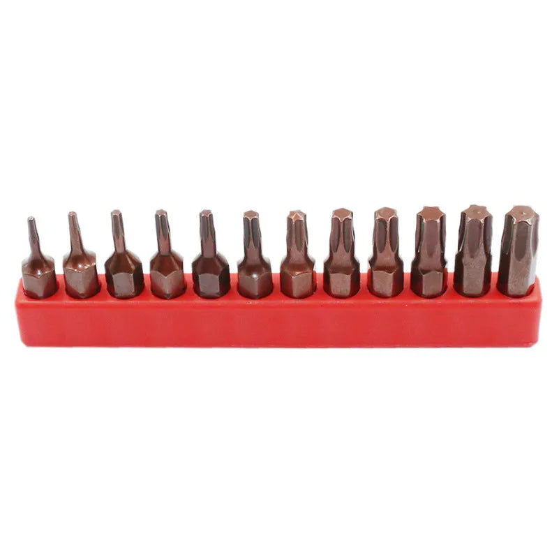 Set of black hex screwdriver bits showing T6 to T40 sizes, magnetic tip, and hollow/solid shank options.